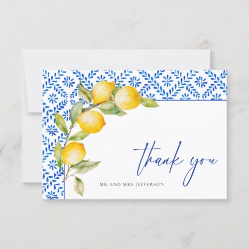 Mediterranean Lemons Blue Tiles Wedding Thank You Card