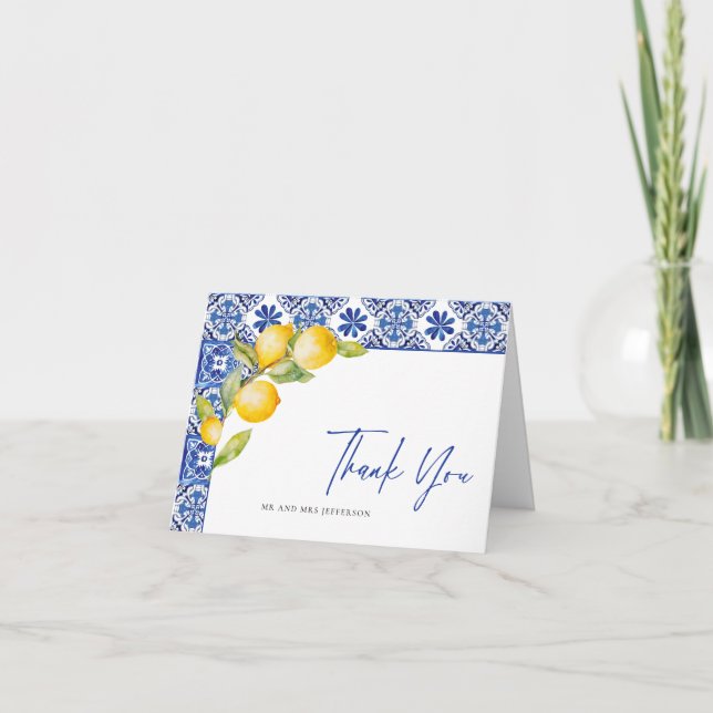 Mediterranean Lemons Blue Tiles Wedding Thank You Card (Front)