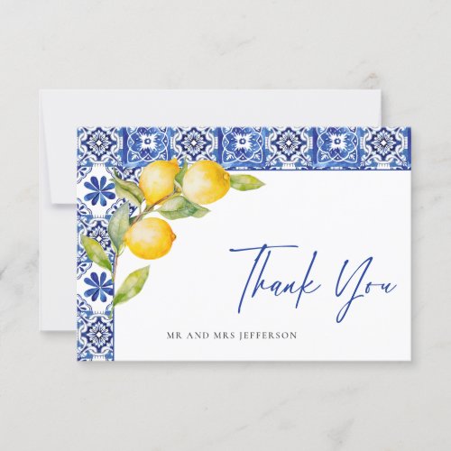 Mediterranean Lemons Blue Tiles Wedding Thank You Card