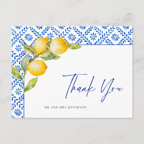 Mediterranean Lemons Blue Tiles Wedding Thank You Postcard