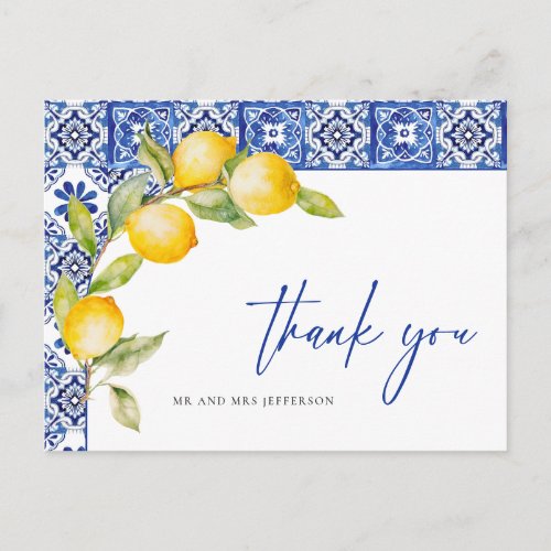 Mediterranean Lemons Blue Tiles Wedding Thank You Postcard