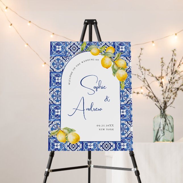 Mediterranean Lemons Blue Tiles Welcome Wedding Foam Board (In Situ (Stand))