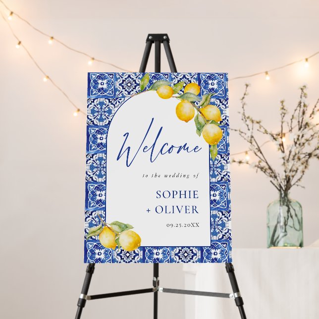 Mediterranean Lemons Blue Tiles Welcome Wedding Foam Board (In Situ (Stand))