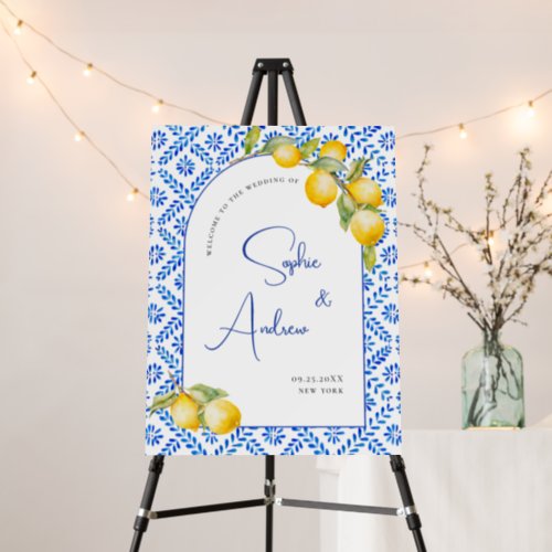 Mediterranean Lemons Blue Tiles Welcome Wedding Foam Board