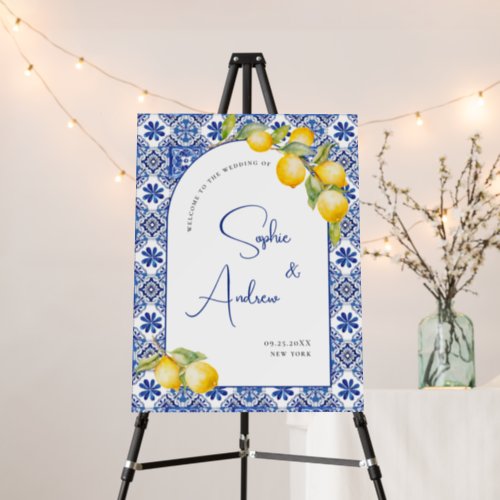 Mediterranean Lemons Blue Tiles Welcome Wedding Foam Board