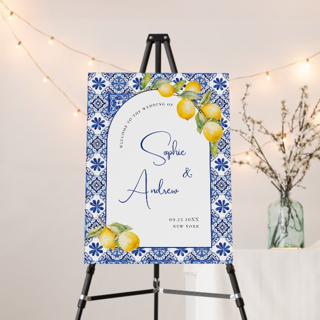 Mediterranean Lemons Blue Tiles Welcome Wedding Foam Board (In Situ (Stand))