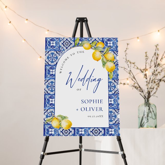 Mediterranean Lemons Blue Tiles Welcome Wedding Foam Board (In Situ (Stand))