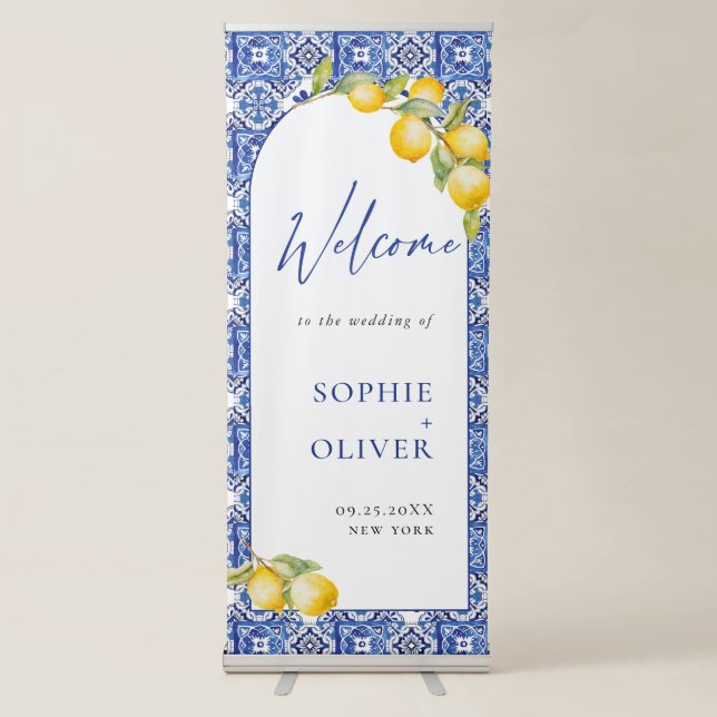 Mediterranean Lemons Blue Tiles Welcome Wedding Retractable Banner (Front)