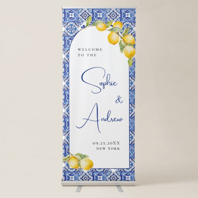 Mediterranean Lemons Blue Tiles Welcome Wedding Retractable Banner (Front)