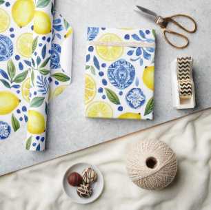 Mediterranean Lemons Blue Tiles Wrapping Paper