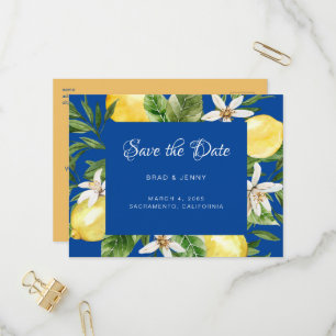 Mediterranean Lemons Blue Wedding Save the Date Invitation Postcard