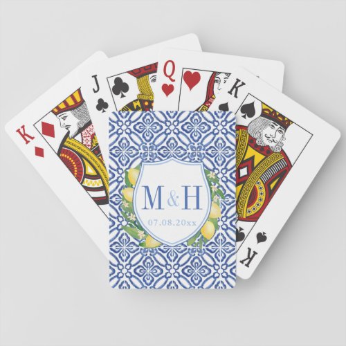 Mediterranean Lemons Blue White Tile Wedding Logo Playing Cards