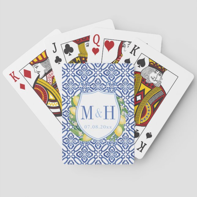 Mediterranean Lemons Blue White Tile Wedding Logo Poker Cards (Back)