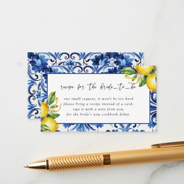 Mediterranean Lemons Bridal Shower Recipe Request Enclosure Card (Front/Back In Situ)