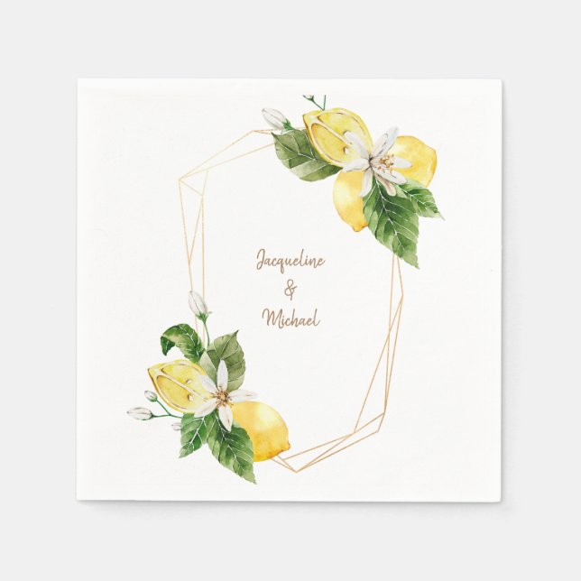 Mediterranean Lemons Gold Text Cocktail Napkins (Front)