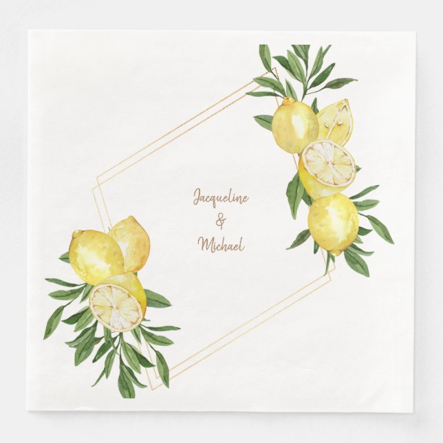 Mediterranean Lemons Gold Text & Frame  Paper Dinner Napkins (Front)