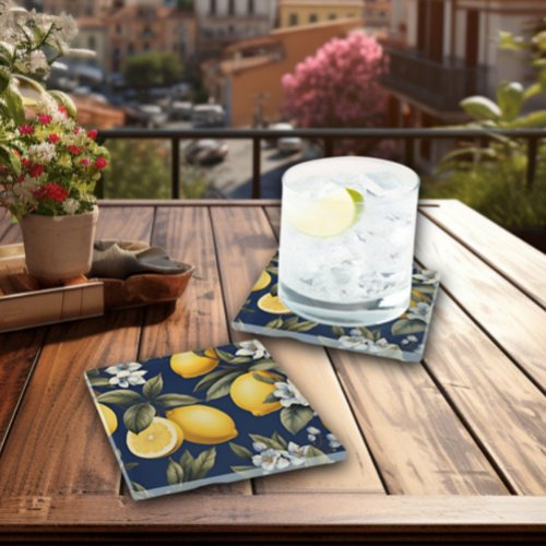 Mediterranean Lemons on Navy Italian Bar Glass Coaster