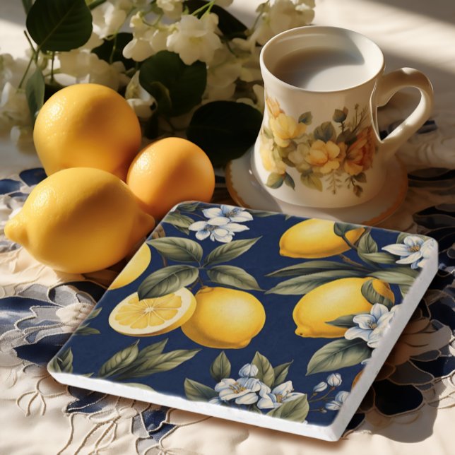 Mediterranean Lemons on Navy Kitchen Trivet (Italian Mediterranean Lemons on Navy Kitchen Trivet
Sottopentola Con Limone)