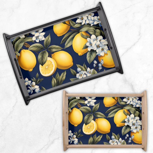 Mediterranean Lemons on Navy  Serving Tray (Lemons on Navy - Mediterranean Serving Tray - European Country Flair)