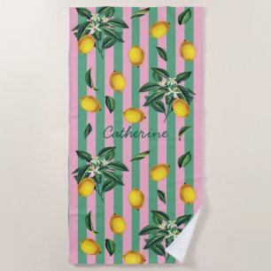 Mediterranean Lemons Pink Green Stripes Name Beach Towel