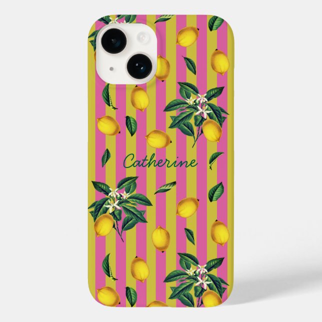 Mediterranean Lemons Pink Yellow Stripes Name Case-Mate iPhone Case (Back)