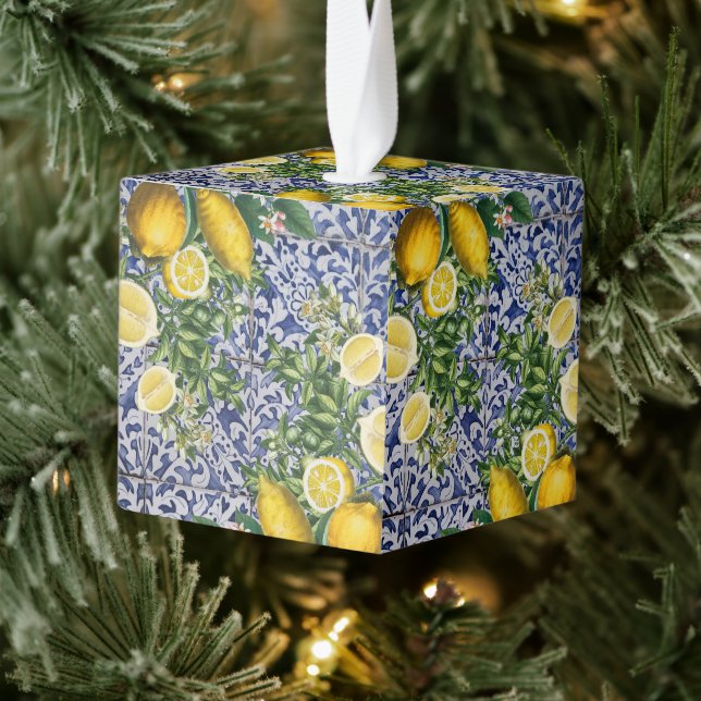 Mediterranean Lemons Portuguese Tiles Christmas Cube Ornament (Tree)