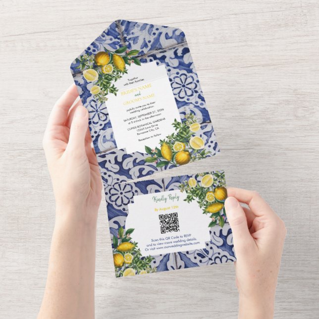 Mediterranean Lemons Portuguese Tiles Wedding All In One Invitation (Tearaway)