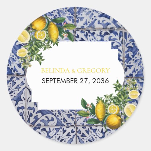 Mediterranean Lemons Portuguese Tiles Wedding  Classic Round Sticker