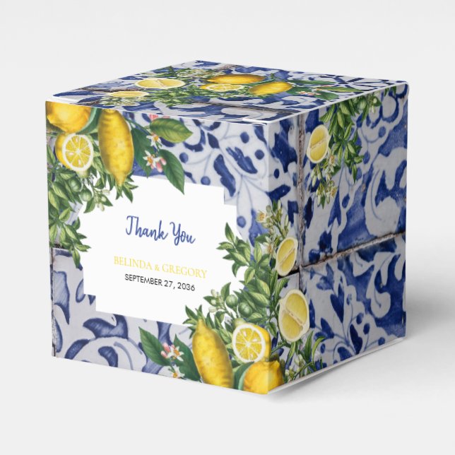 Mediterranean Lemons Portuguese Tiles Wedding Favor Boxes (Front Side)