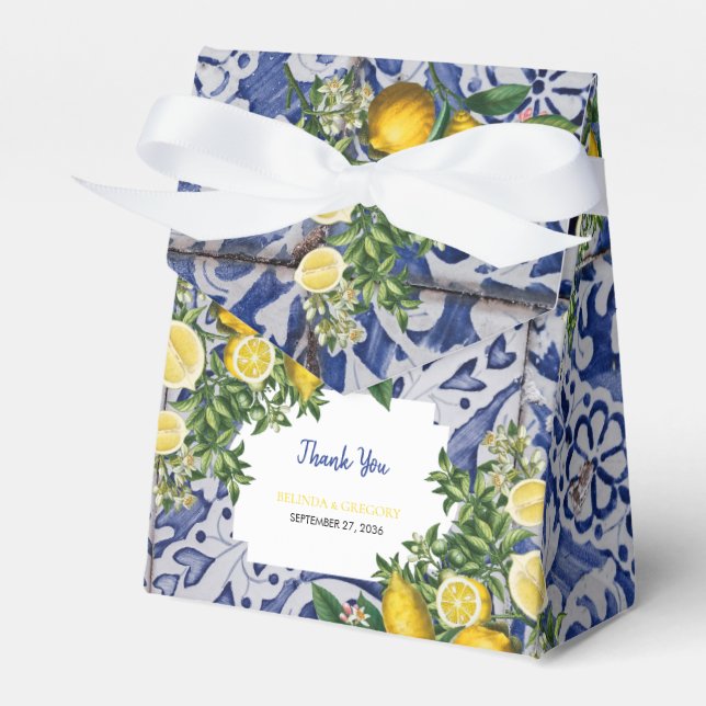 Mediterranean Lemons Portuguese Tiles Wedding  Favor Boxes (Front Side)