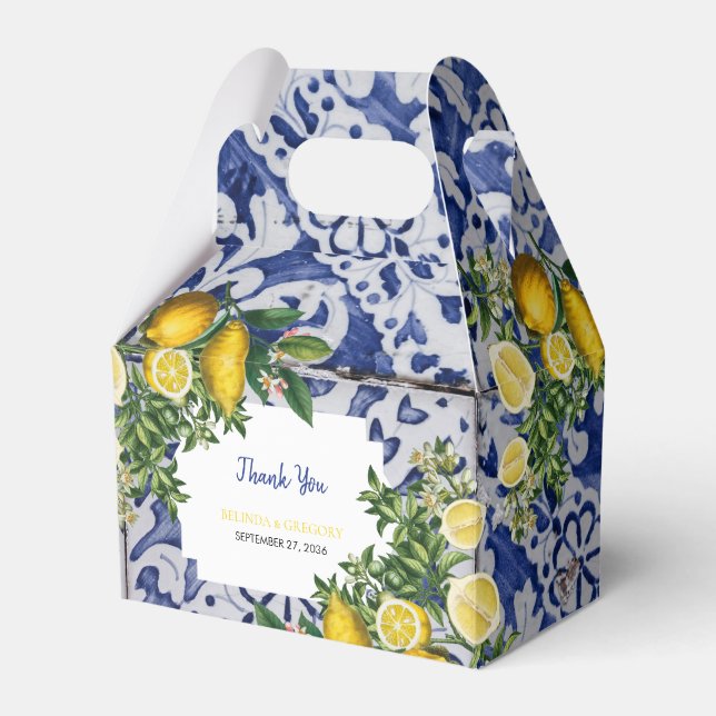Mediterranean Lemons Portuguese Tiles Wedding  Favor Boxes (Front Side)