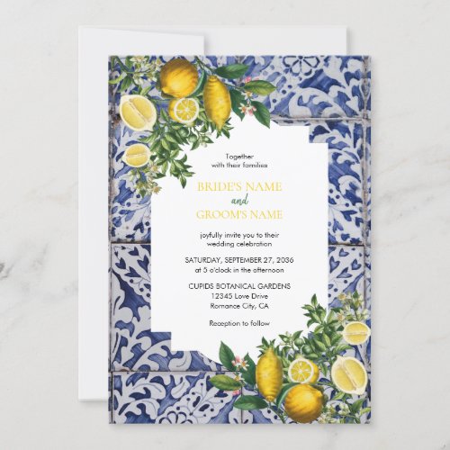 Mediterranean Lemons Portuguese Tiles Wedding Invitation