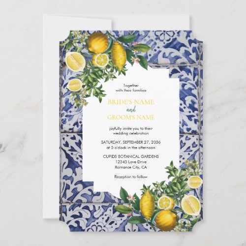 Mediterranean Lemons Portuguese Tiles Wedding  Invitation