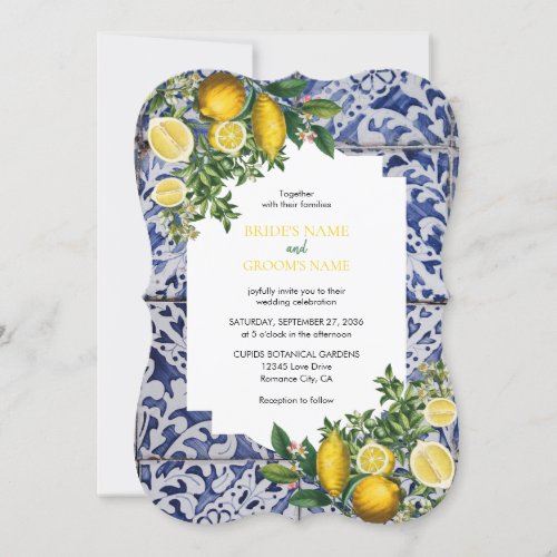 Mediterranean Lemons Portuguese Tiles Wedding  Invitation