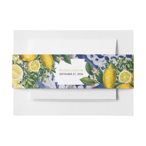 Mediterranean Lemons Portuguese Tiles Wedding Invitation Belly Band