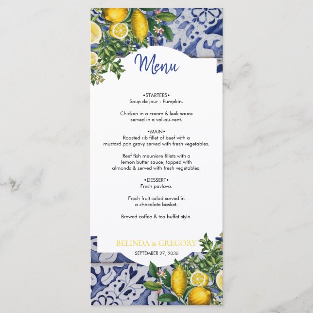 Mediterranean Lemons Portuguese Tiles Wedding  Menu (Front)