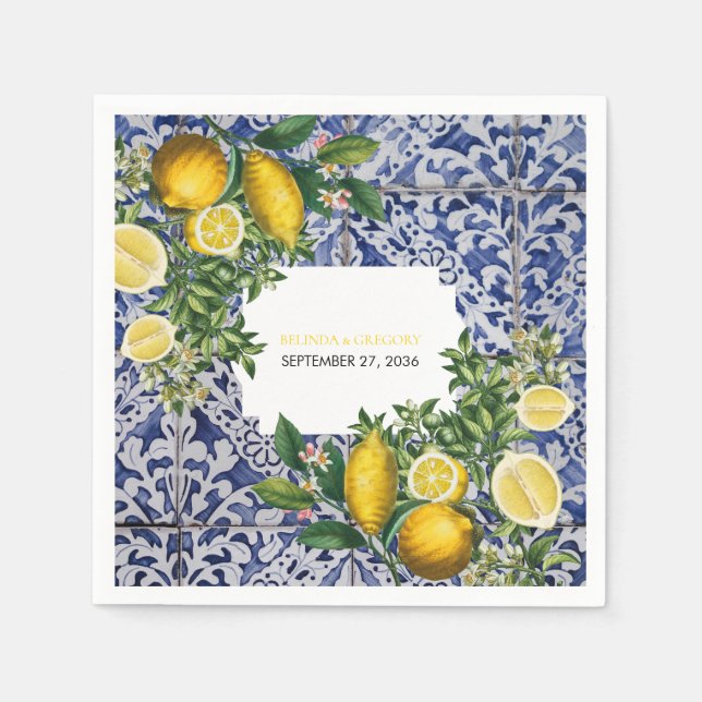 Mediterranean Lemons Portuguese Tiles Wedding   Napkins (Front)