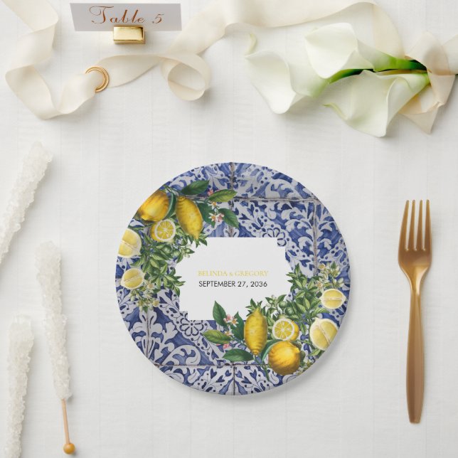 Mediterranean Lemons Portuguese Tiles Wedding  Paper Plates (Wedding)
