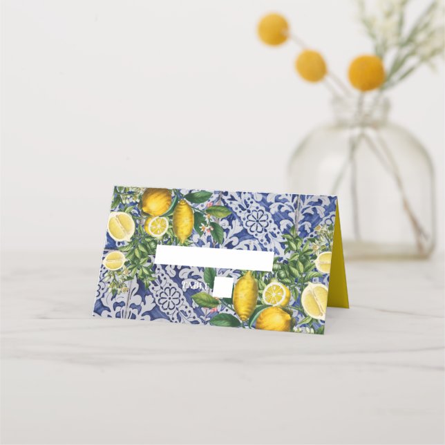 Mediterranean Lemons Portuguese Tiles Wedding Place Card (Front)