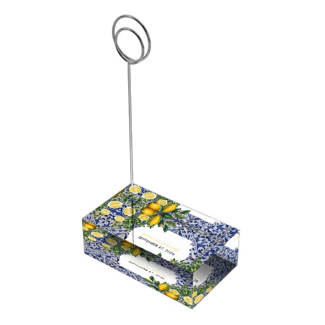 Mediterranean Lemons Portuguese Tiles Wedding  Place Card Holder (Corner)