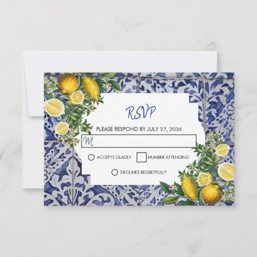 Mediterranean Lemons Portuguese Tiles Wedding  RSVP Card