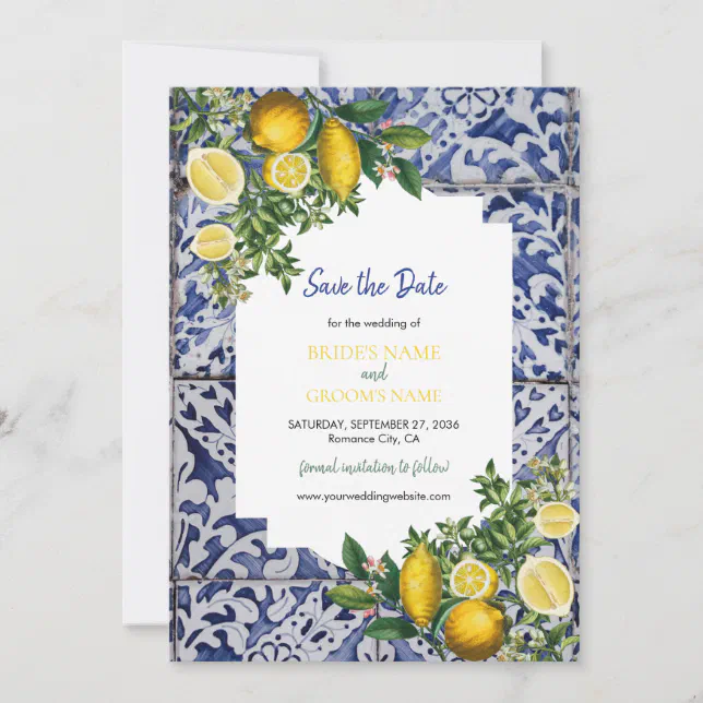 Mediterranean Lemons Portuguese Tiles Wedding Save The Date | Zazzle