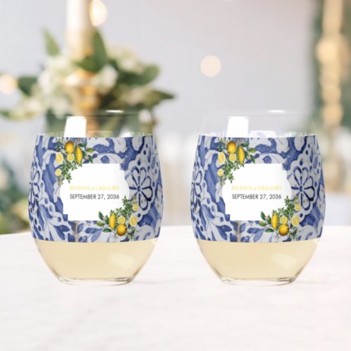 Mediterranean Lemons Portuguese Tiles Wedding  Stemless Wine Glass
