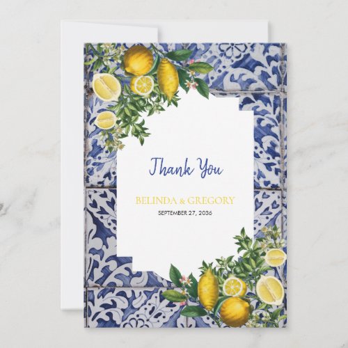 Mediterranean Lemons Portuguese Tiles Wedding  Thank You Card