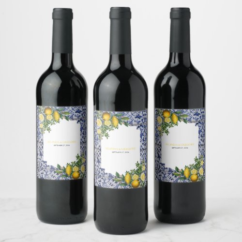 Mediterranean Lemons Portuguese Tiles Wedding  Wine Label