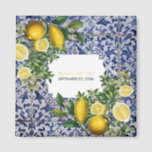 Mediterranean Lemons Portuguese Wedding Favor Magnet<br><div class="desc">Hand painted traditional tiles from Portugal design with Mediterranean lemons. Azulejo blue and white floral leaf tile artwork. A beautiful Mediterranean design depicting yellow lemons with their greenery and blossoms against a blue and white vintage Portuguese pattern. The wedding text is elegantly framed with a white geometric shape. Unique Azulejo...</div>