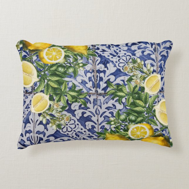 Mediterranean Lemons Summer Portuguese Tiles Accent Pillow (Front)