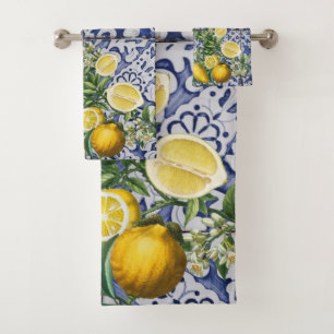 Mediterranean Lemons Summer Portuguese Tiles Bath Towel Set