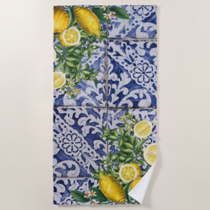 Mediterranean Lemons Summer Portuguese Tiles Beach Towel