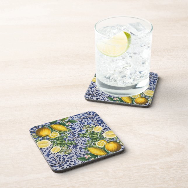 Mediterranean Lemons Summer Portuguese Tiles Beverage Coaster (Right Side)